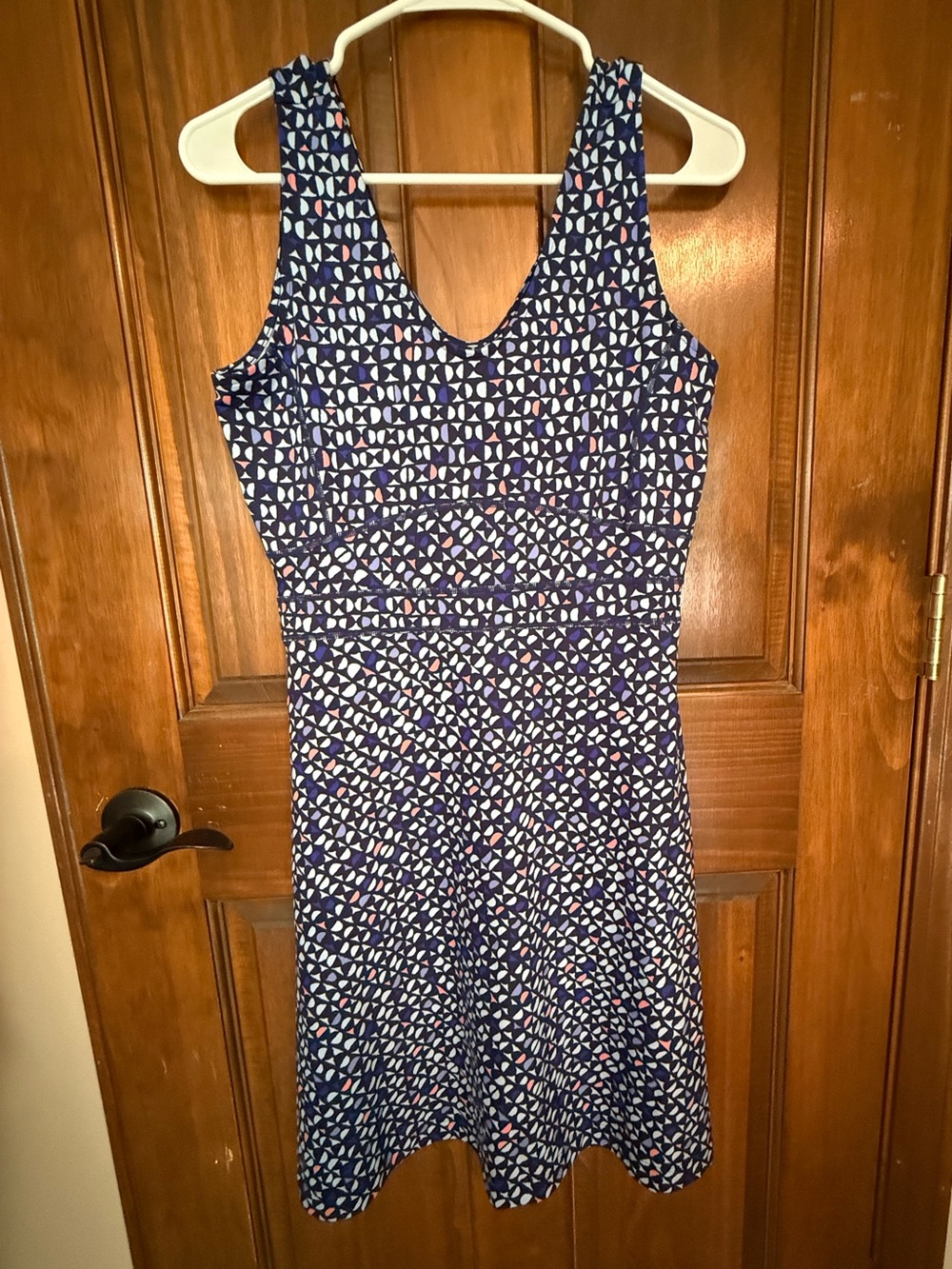 Title Nine Navy Geometric Midi Dress with Coral Accents